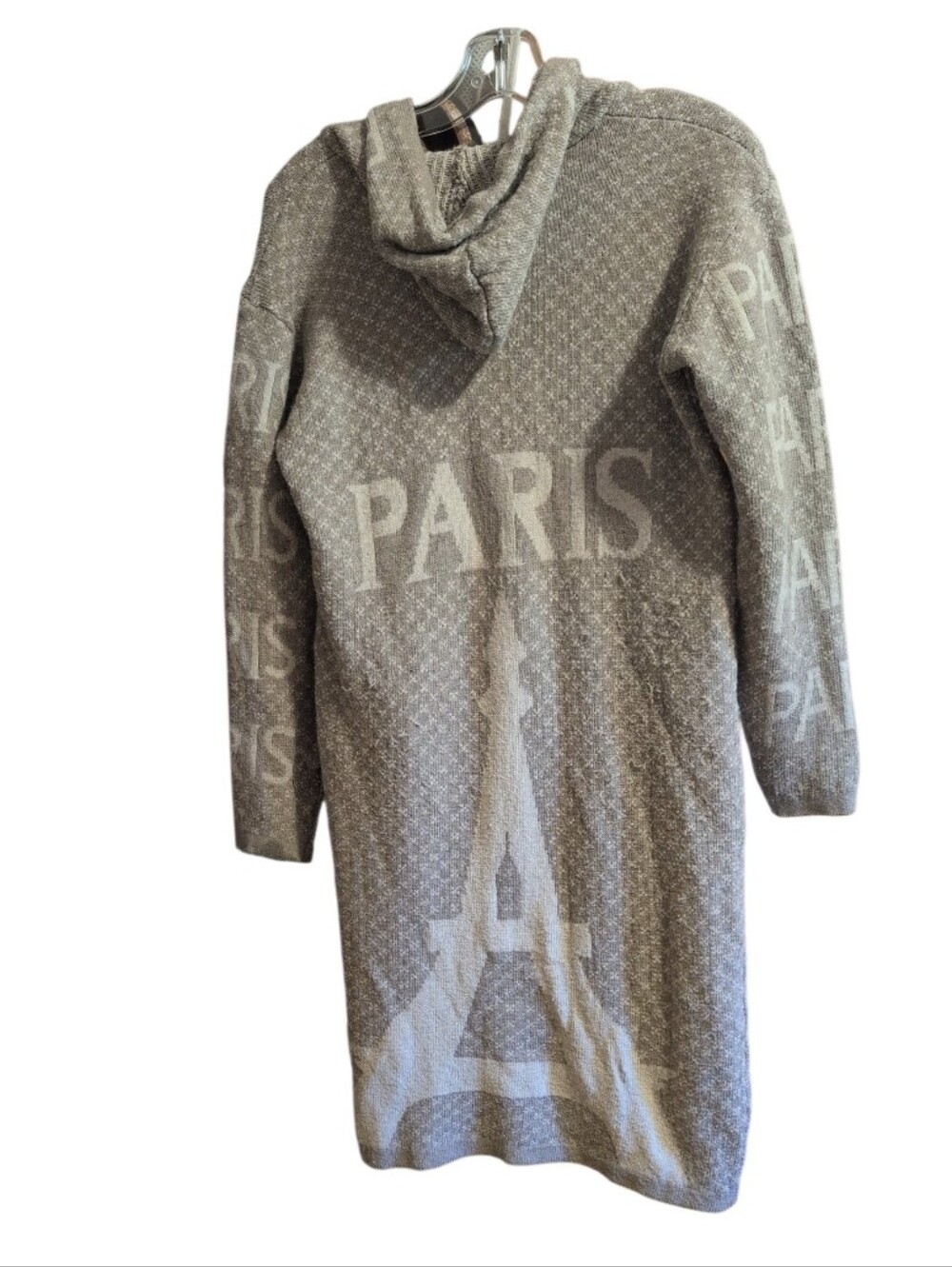 Paris Graphic Hooded Long Zip Cardigan Sweater Women's Beige Knit Duster Jacket - Picture 3 of 6